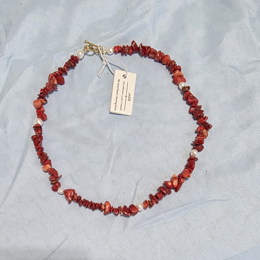 Boho Red Jade and White Pearl choker necklace